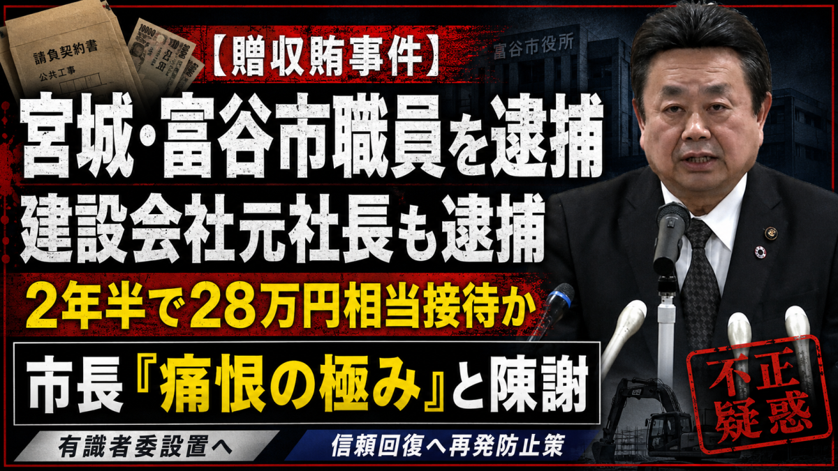 宮城県富谷市の職員が建設会社元社長から飲食や宿泊の接待を受けたとして収賄容疑で逮捕された贈収賄事件を伝える報道アイキャッチ