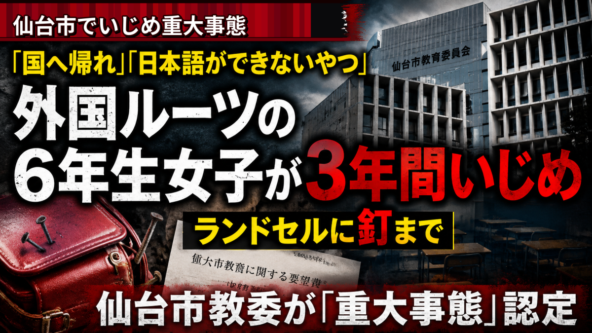 仙台市立小学校で外国ルーツの小6女子が差別的いじめを受け重大事態認定された問題を伝える報道アイキャッチ
