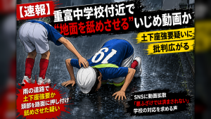 鹿児島県姶良市の重富中学校付近とみられる場所で拡散したいじめ動画問題を伝える報道アイキャッチ。住宅街の通学路とスマートフォン画面、警告色のデザインでSNS拡散の深刻さを表現。