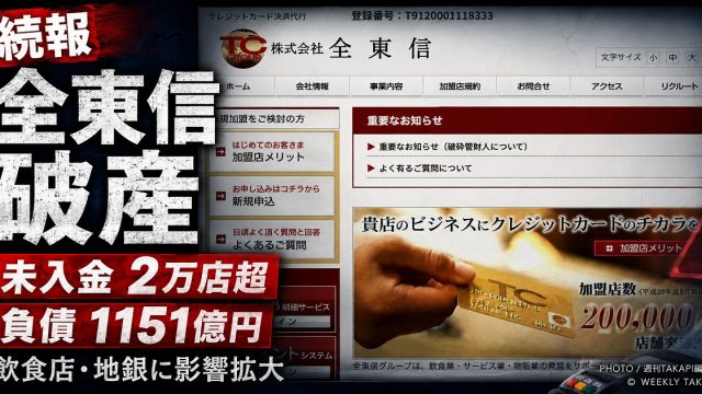 決済代行会社の全東信が破産し、飲食店など2万店超で売上金未入金が発生している可能性を伝える報道アイキャッチ