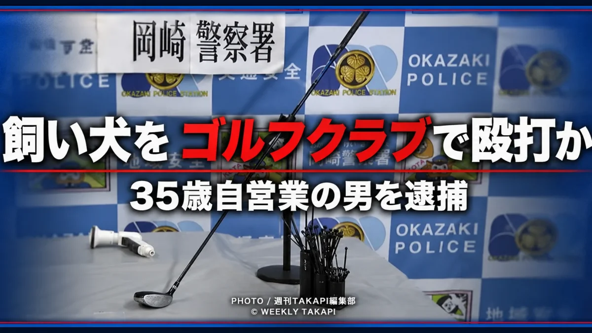 愛知県岡崎市で飼い犬をゴルフクラブで殴った疑いにより35歳の自営業の男が逮捕された事件を伝える報道イメージ