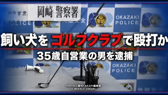 愛知県岡崎市で飼い犬をゴルフクラブで殴った疑いにより35歳の自営業の男が逮捕された事件を伝える報道イメージ
