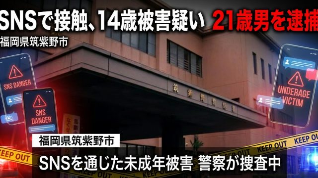 SNSで知り合った14歳女子中学生への被害疑いで21歳男が逮捕された事件を伝えるシリアスな報道アイキャッチ