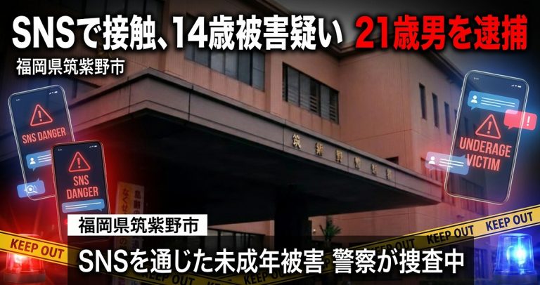 SNSで知り合った14歳女子中学生への被害疑いで21歳男が逮捕された事件を伝えるシリアスな報道アイキャッチ