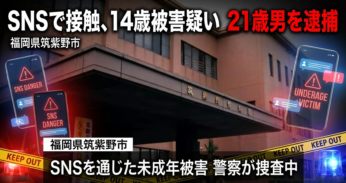 SNSで知り合った14歳女子中学生への被害疑いで21歳男が逮捕された事件を伝えるシリアスな報道アイキャッチ
