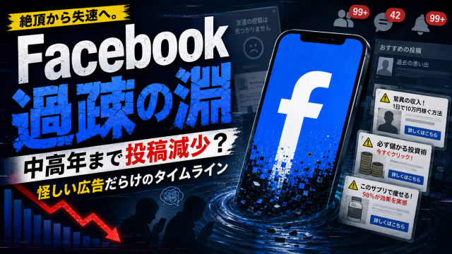 Facebookの過疎化や中高年の投稿減少、怪しい広告が目立つタイムラインをテーマにしたSNS終活の記事アイキャッチ