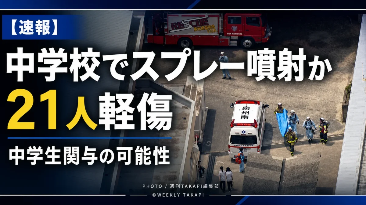 大阪府貝塚市の貝塚市立第3中学校でスプレー状のものが噴射され21人が軽傷を負った事案を伝える報道画像