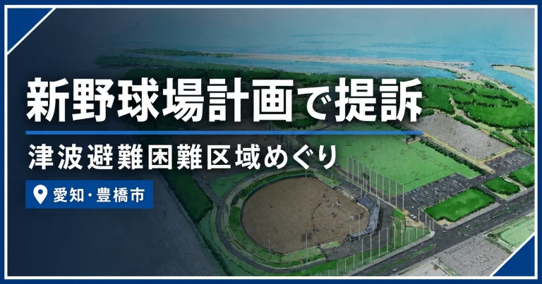豊橋市の新野球場建設予定地と津波避難困難区域をめぐる住民訴訟のイメージ