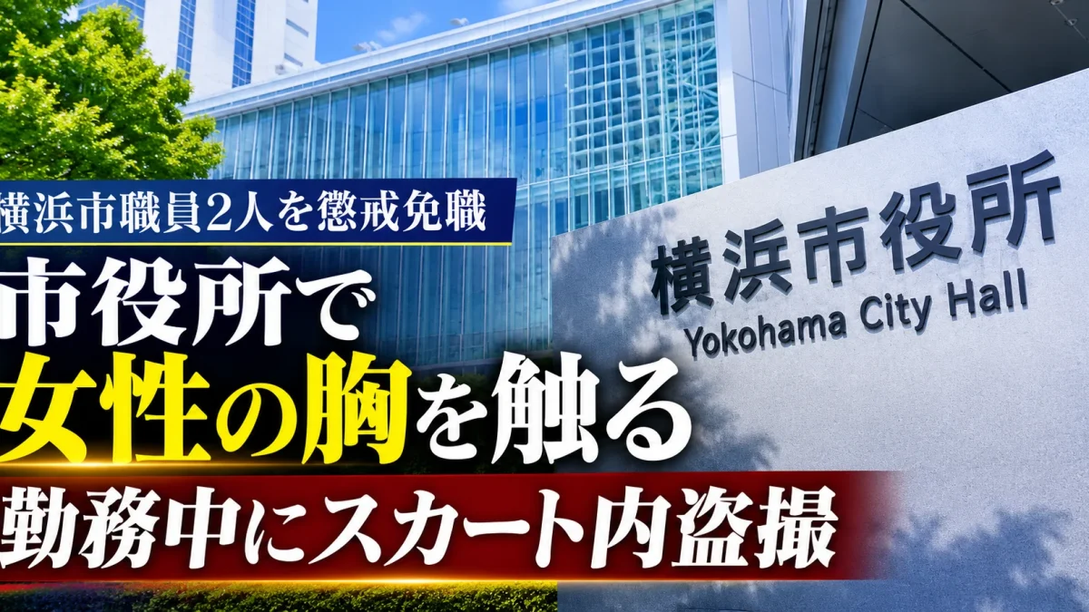 横浜市が女性へのわいせつ行為と勤務中の盗撮で男性職員2人を懲戒免職とした問題を伝える報道アイキャッチ