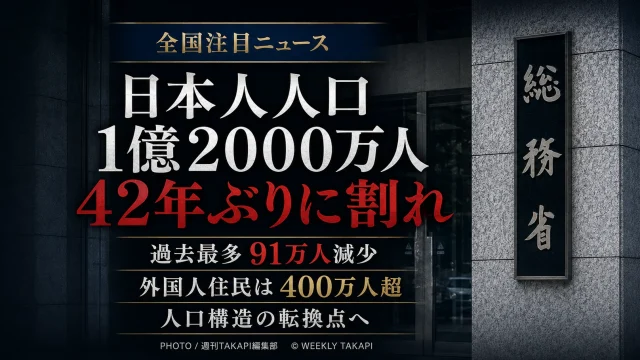 2026年1月1日時点の日本人人口が42年ぶりに1億2000万人を下回り、前年から91万6774人減少する一方、外国人住民が403万1159人に増加した日本の人口問題を伝える報道アイキャッチ
