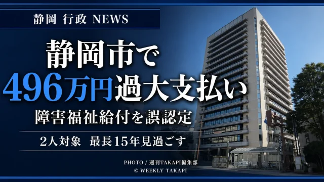 静岡市の庁舎外観を背景に、「静岡市で496万円過大支払い」「障害福祉給付を誤認定」「2人対象　最長15年見過ごす」と表示したブルー系の行政ニュース用アイキャッチ画像。