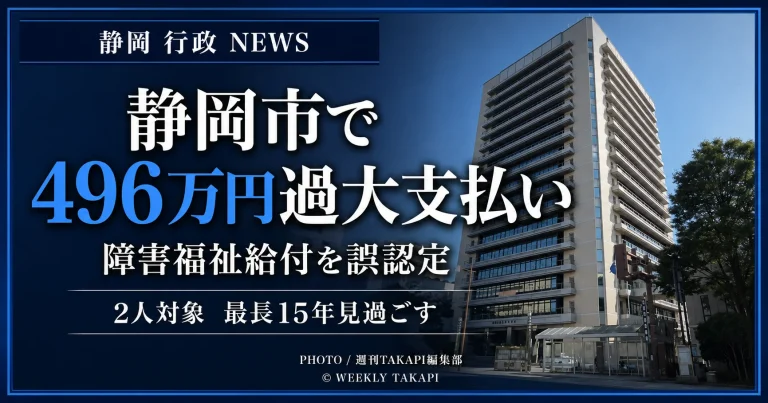静岡市の庁舎外観を背景に、「静岡市で496万円過大支払い」「障害福祉給付を誤認定」「2人対象　最長15年見過ごす」と表示したブルー系の行政ニュース用アイキャッチ画像。