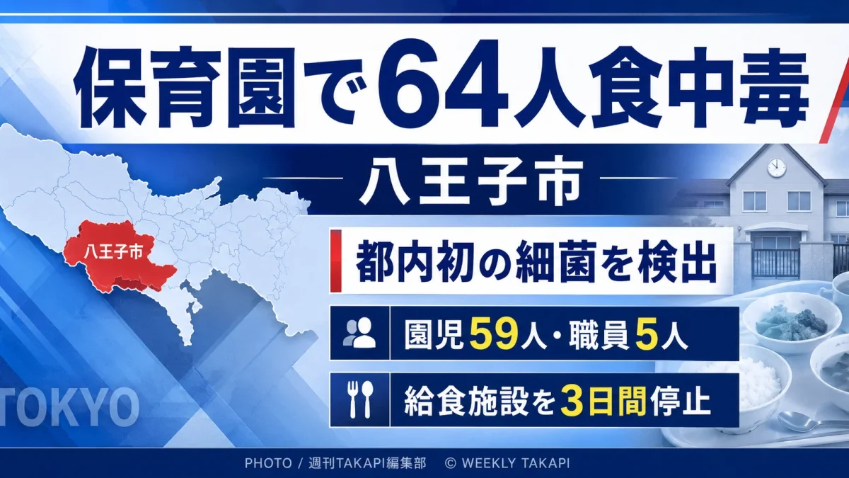 東京都八王子市の保育園で園児と職員64人が食中毒症状を訴い、エシェリキア・アルベルティイが検出された事案を伝える報道画像