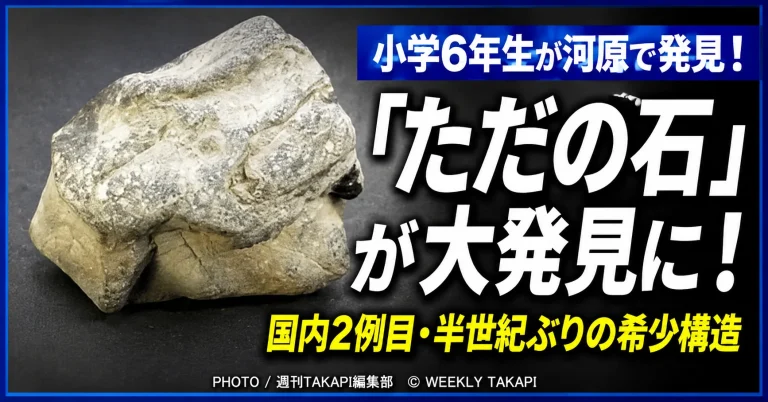 埼玉県小鹿野町の河原で小学6年生が発見したコーン・イン・コーン構造を持つ炭酸塩岩のイメージ