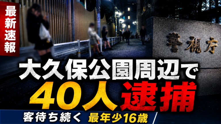 夜の新宿・歌舞伎町周辺を背景に、大久保公園周辺で続く客待ち行為と若年女性支援の課題を象徴する報道用イメージ