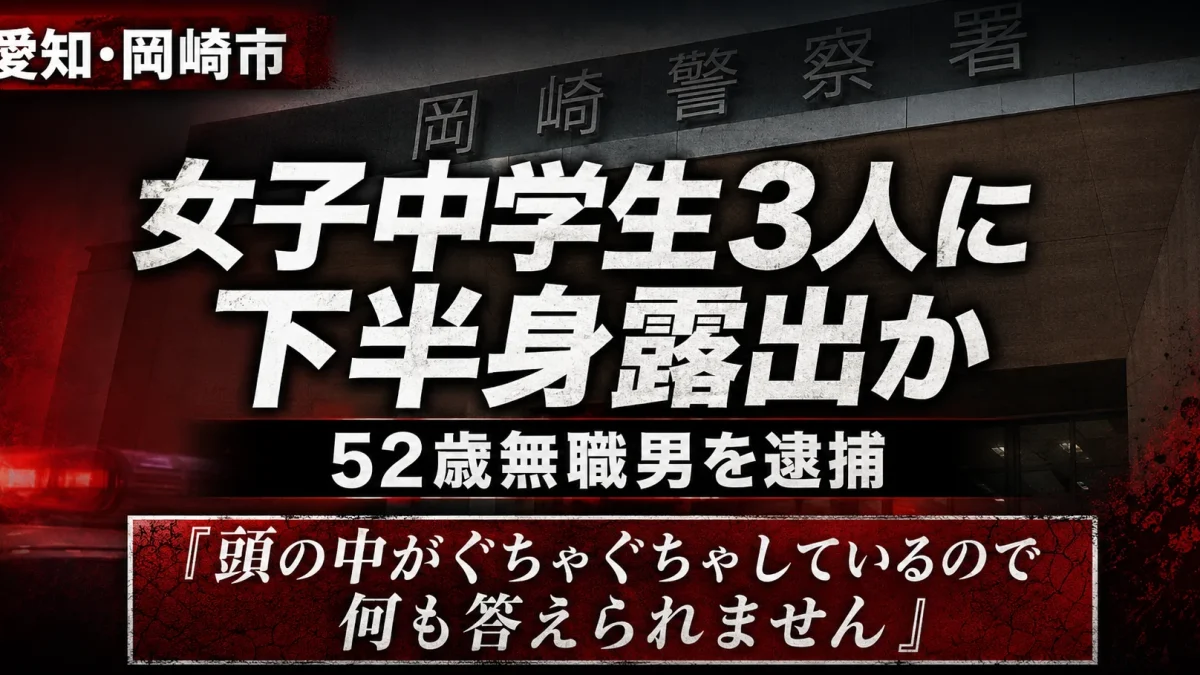 愛知県岡崎市の路上で登校中の女子中学生3人に下半身を露出した疑いにより、52歳の無職男が逮捕されたわいせつ事件を伝えるシリアスな報道画像