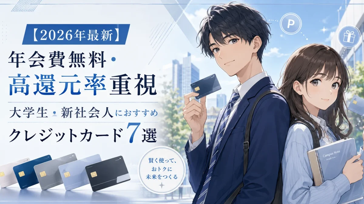 やわらかく最新クールなアニメ調で、大学生と新社会人の男女がクレジットカードを手にして並ぶアイキャッチ画像。左側に「【2026年最新】年会費無料・高還元率重視　大学生・新社会人におすすめ　クレジットカード7選」の見出しを大きく配置し、下部に複数のカードイメージを並べている。