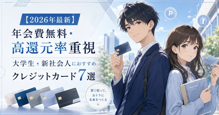 やわらかく最新クールなアニメ調で、大学生と新社会人の男女がクレジットカードを手にして並ぶアイキャッチ画像。左側に「【2026年最新】年会費無料・高還元率重視　大学生・新社会人におすすめ　クレジットカード7選」の見出しを大きく配置し、下部に複数のカードイメージを並べている。