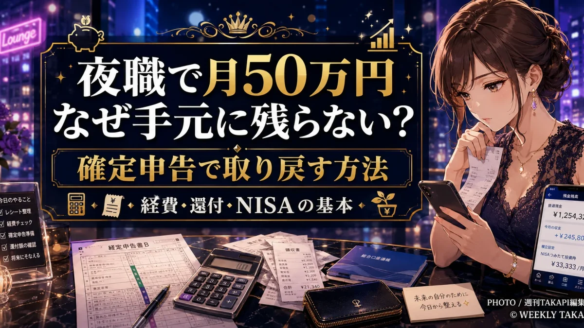 夜職で月50万円を稼いでもお金が残らない女性に向けて、確定申告、必要経費、還付金、NISAによる資産形成を解説する2026年版アニメアイキャッチ