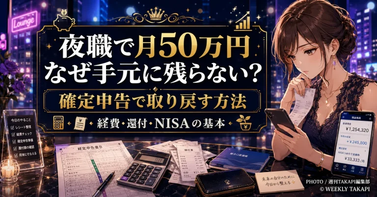 夜職で月50万円を稼いでもお金が残らない女性に向けて、確定申告、必要経費、還付金、NISAによる資産形成を解説する2026年版アニメアイキャッチ