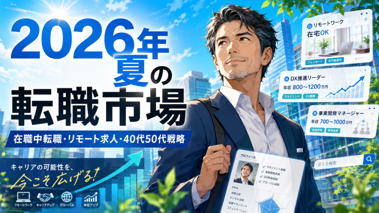 2026年夏の転職市場をテーマに、在職中転職、リモート求人、40代50代のキャリアシフト戦略を解説するビジネス記事のアイキャッチ