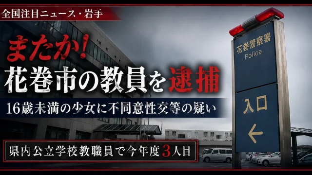 16歳未満の少女に対する不同意性交等の疑いで花巻市の教員が逮捕された事件を伝えるシリアスな報道アイキャッチ