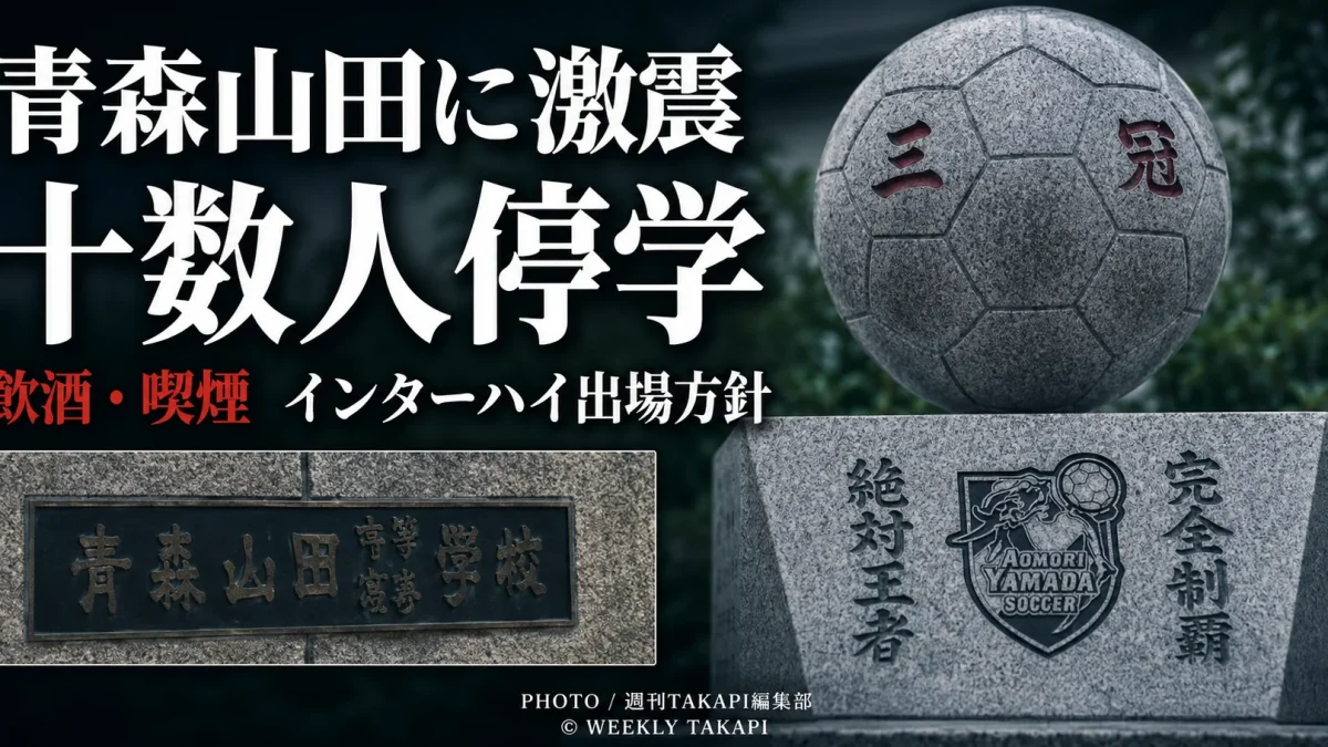 青森山田高校サッカー部で主力選手を含む十数人が飲酒や喫煙により停学処分を受けた問題を伝える報道画像