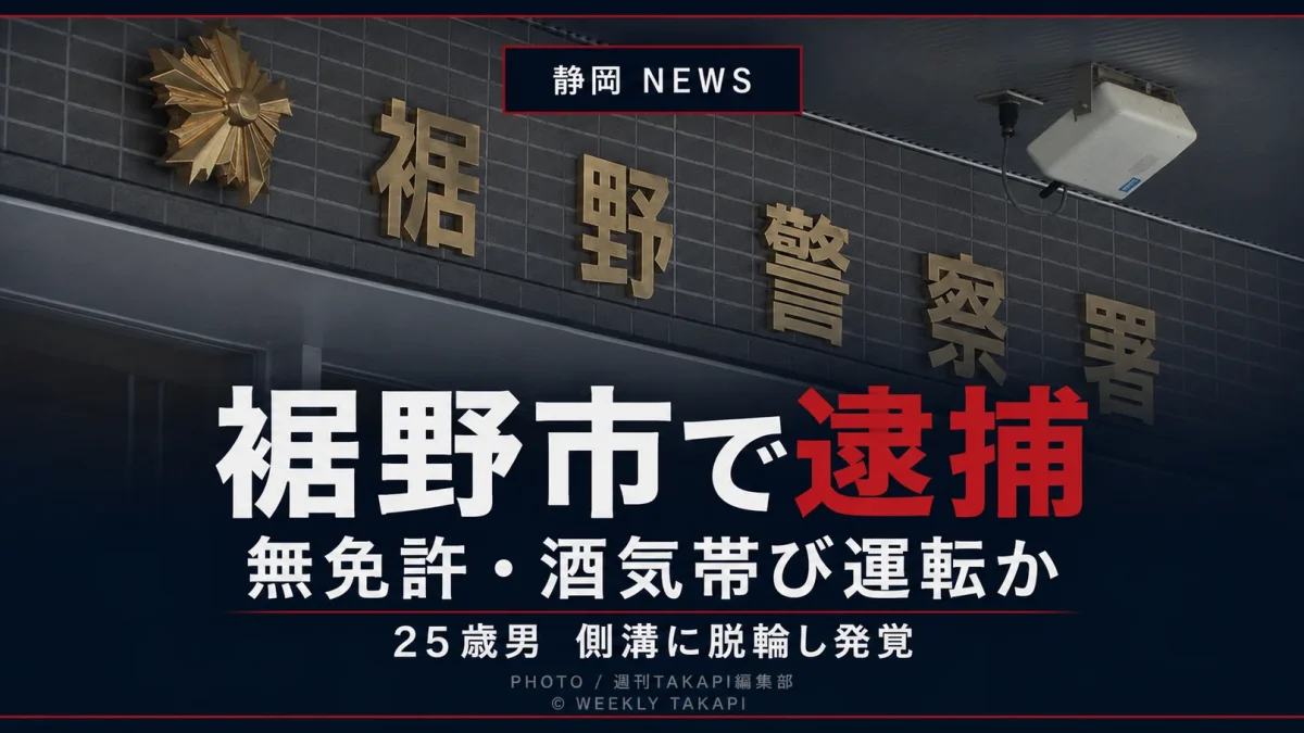 裾野警察署の外観を背景に、「裾野市で逮捕」「無免許・酒気帯び運転か」「25歳男　側溝に脱輪し発覚」と大きく表示したシリアスな報道アイキャッチ画像。