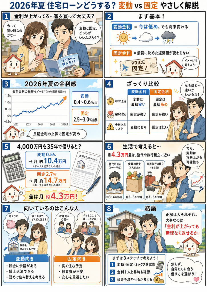 住宅ローン金利上昇と変動金利・固定金利の違いを8コマ漫画で解説したOGP画像