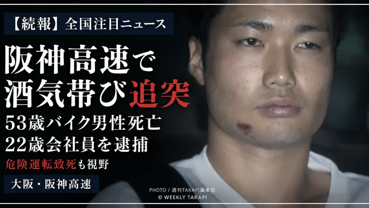 車内に座る22歳会社員の画像を背景に、「阪神高速で酒気帯び追突」「53歳バイク男性死亡」「22歳会社員を逮捕」と表示した続報用のシリアスな報道アイキャッチ