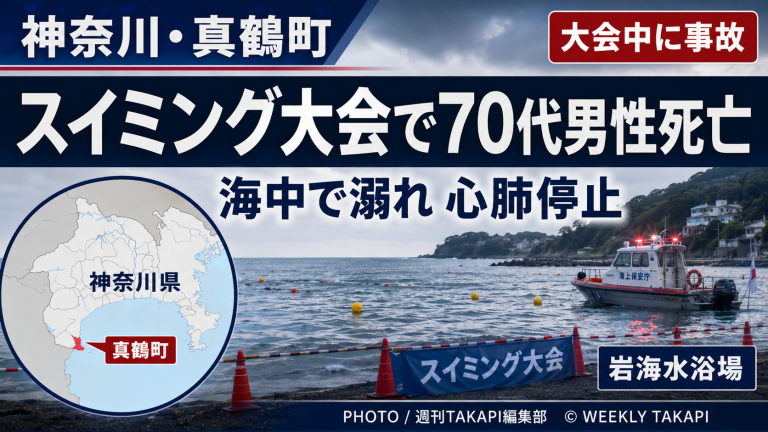 神奈川県真鶴町の岩海水浴場でオープンウォータースイミング大会中に70代男性が溺れて死亡した事故を伝える報道アイキャッチ