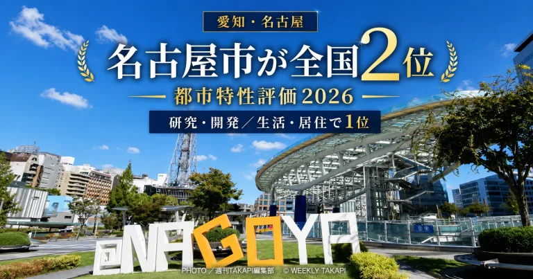 森記念財団の日本の都市特性評価2026で名古屋市が全国2位となり、研究・開発と生活・居住で1位を獲得したことを伝える愛知県向け報道アイキャッチ