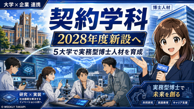 大学と企業が連携し実務型博士人材を育成する契約学科を表現した教育報道アイキャッチ