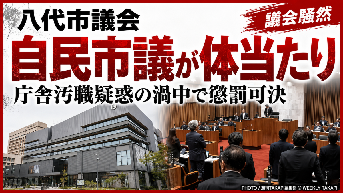 熊本県八代市議会で自民党市議団の永江恵子市議が新人議員に体当たりするような行為をしたとして懲罰動議が可決された問題を伝える報道アイキャッチ