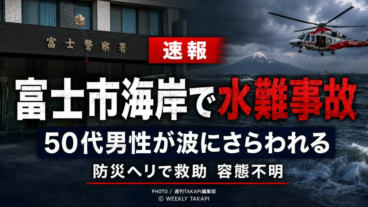 静岡県富士市の海岸で50代男性が波にさらわれ、防災ヘリで救助された水難事故を伝える報道アイキャッチ