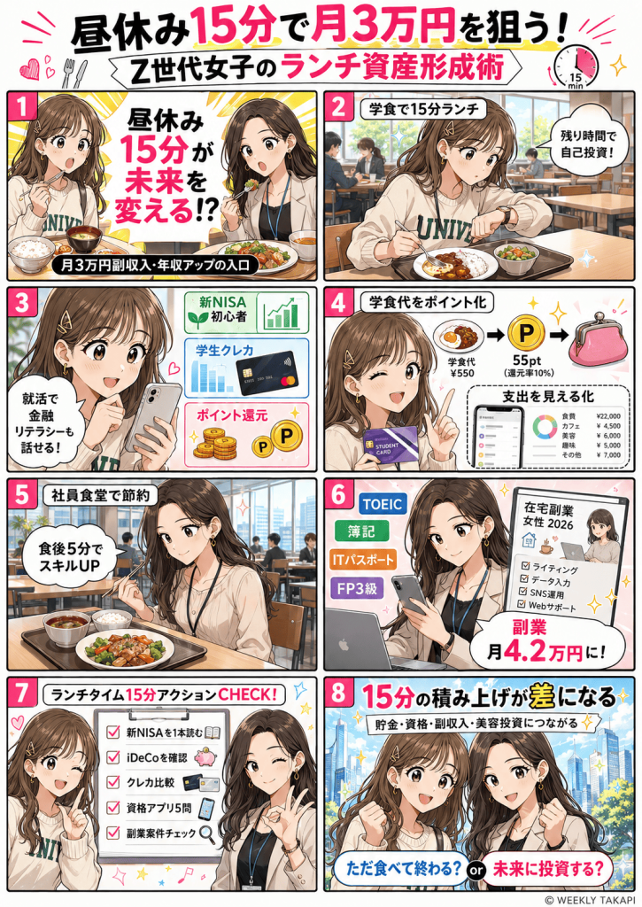 Z世代女子大生と新社会人が昼休み15分を使い、新NISA、資格勉強、在宅副業を進めるランチ資産形成術を8コマ漫画で解説したアニメ画像