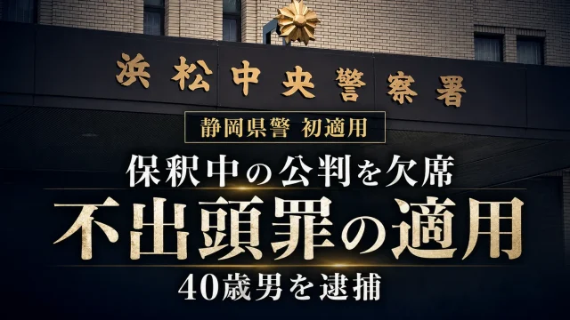 静岡地裁浜松支部の公判を欠席し、約5か月後に島田市内で逮捕された40歳男について、静岡県警が不出頭罪を初適用した事件を伝える報道アイキャッチ