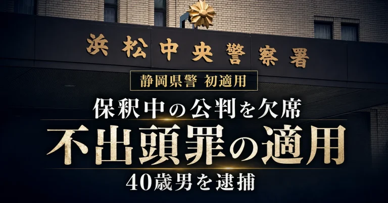 静岡地裁浜松支部の公判を欠席し、約5か月後に島田市内で逮捕された40歳男について、静岡県警が不出頭罪を初適用した事件を伝える報道アイキャッチ