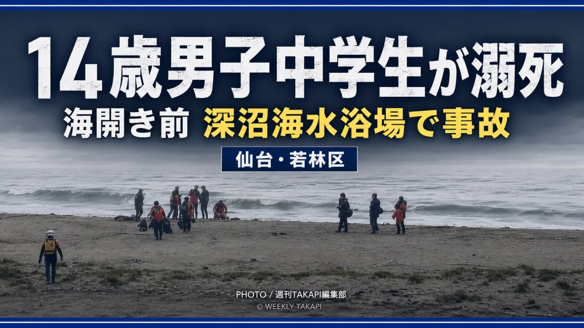仙台市若林区の深沼海水浴場で発生した14歳男子中学生の水難死亡事故を伝える報道用イメージ