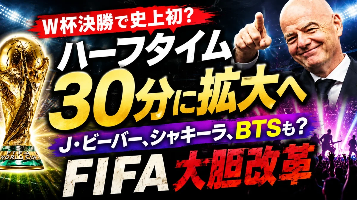 2026年北中米ワールドカップ決勝でハーフタイムを約30分に延長し、ジャスティン・ビーバー、シャキーラ、BTSらによる音楽ショーを開催する構想を伝えるスポーツ報道アイキャッチ