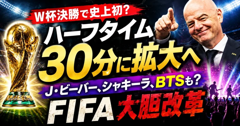 2026年北中米ワールドカップ決勝でハーフタイムを約30分に延長し、ジャスティン・ビーバー、シャキーラ、BTSらによる音楽ショーを開催する構想を伝えるスポーツ報道アイキャッチ