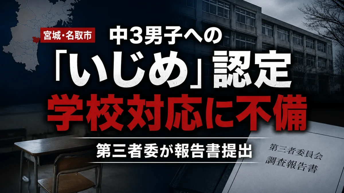 宮城県名取市の中学校で男子生徒へのいじめが認定され、人格否定や孤立させる行為、学校対応の不備が指摘された問題を伝える報道アイキャッチ