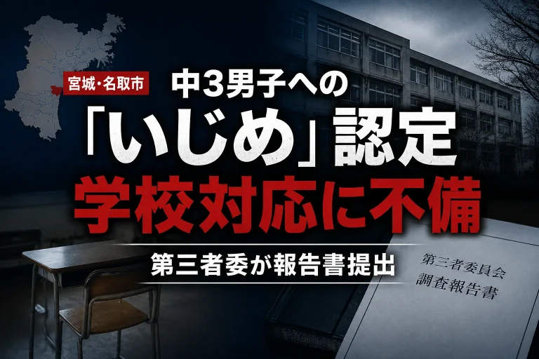 宮城県名取市の中学校で男子生徒へのいじめが認定され、人格否定や孤立させる行為、学校対応の不備が指摘された問題を伝える報道アイキャッチ
