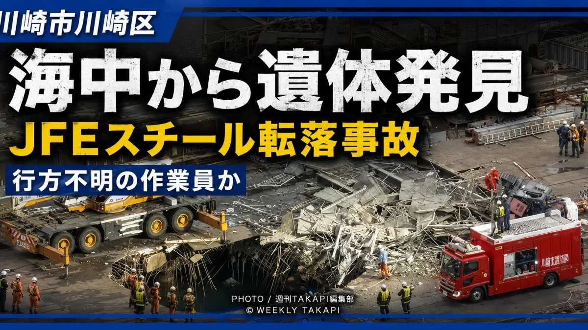 川崎市のJFEスチール東日本製鉄所で起きた作業員転落事故と海中捜索を伝える報道イメージ