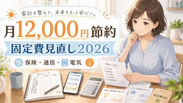 主婦が通信費や保険料や電気代を見直して月12,000円の固定費節約を目指す2026年版家計コラムのアイキャッチ
