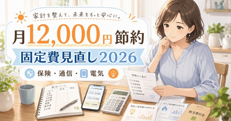 主婦が通信費や保険料や電気代を見直して月12,000円の固定費節約を目指す2026年版家計コラムのアイキャッチ