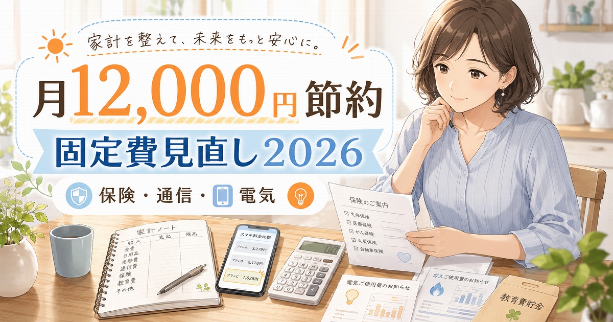 主婦が通信費や保険料や電気代を見直して月12,000円の固定費節約を目指す2026年版家計コラムのアイキャッチ