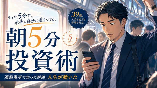 朝の通勤電車でスマホを見ながら朝5分投資術に気づく39歳会社員を描いたライフハック系アイキャッチ
