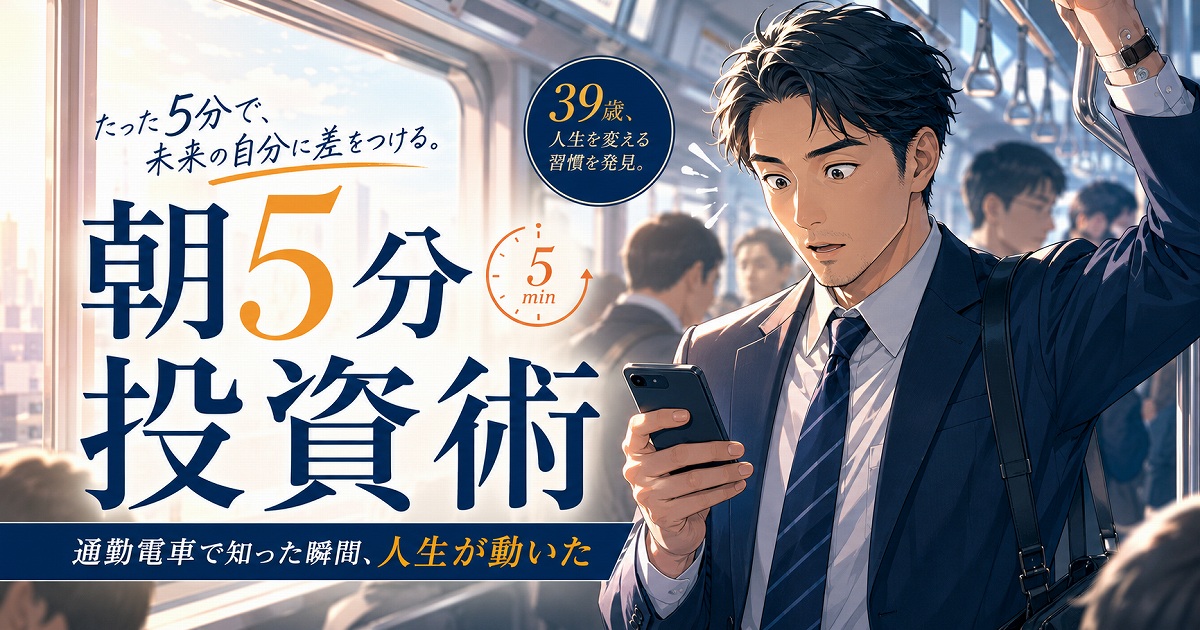 朝の通勤電車でスマホを見ながら朝5分投資術に気づく39歳会社員を描いたライフハック系アイキャッチ