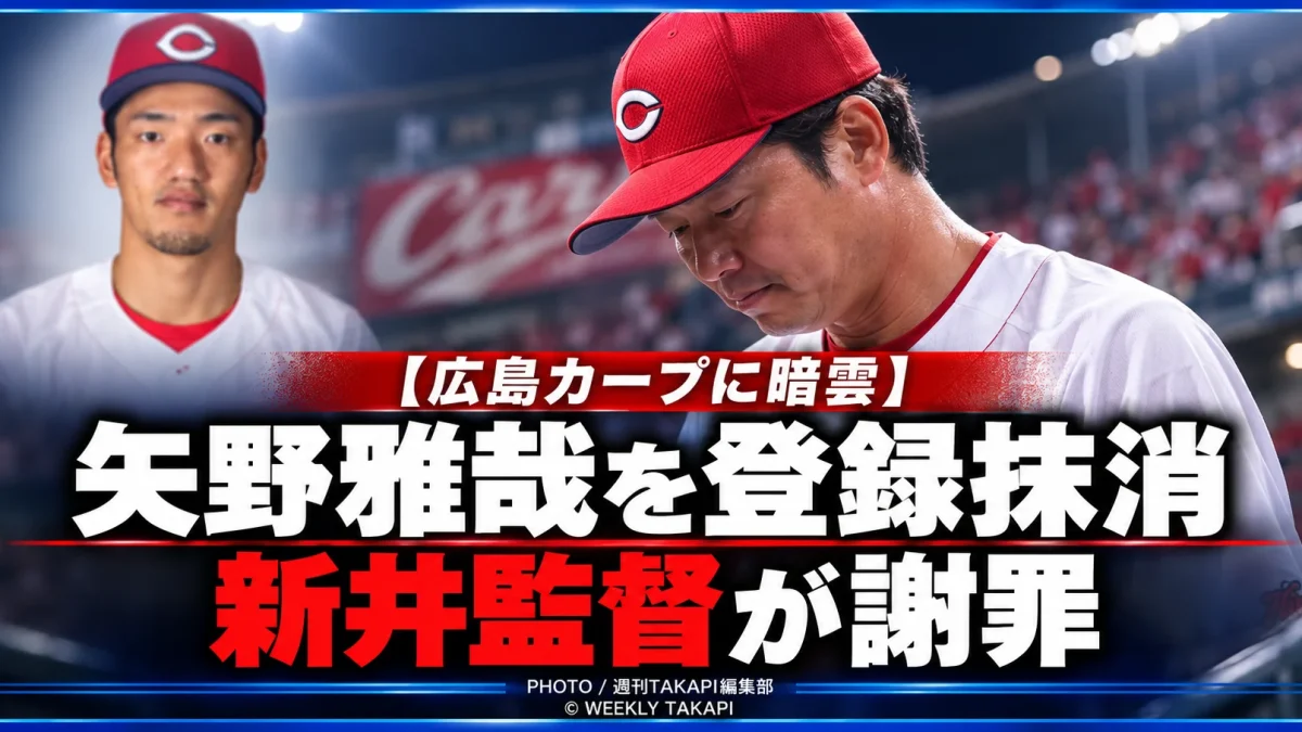 広島東洋カープの矢野雅哉選手が週刊誌報道を受けて登録抹消されたことを伝えるスポーツ報道アイキャッチ